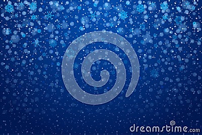 Christmas snow. Falling snowflakes on deep blue background. Snow Vector Illustration