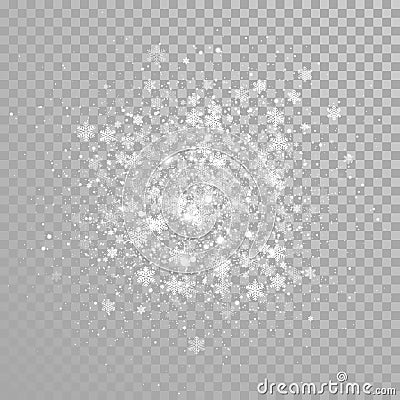 Christmas snow falling or sparkling snowflakes glitter confetti firework on white transparent background. Vector winter holiday sn Vector Illustration