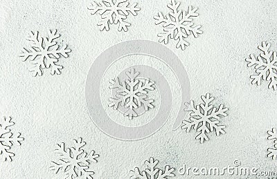 Christmas Snow Flakes Silhouette Pattern on Snowy White Background Powdered with Flour. New Year Holiday Greeting Card.Baking Stock Photo