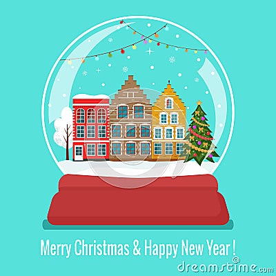 Christmas snow glass ball with european cute houses and Christma Cartoon Illustration