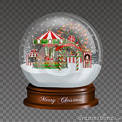 Christmas snow globe with funfair. christmas luna park landscape. Vector Illustration