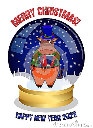 Christmas snow globe. Funny Christmas bull plays a musical instrument and congratulates on the holidays. For designer postcards Vector Illustration