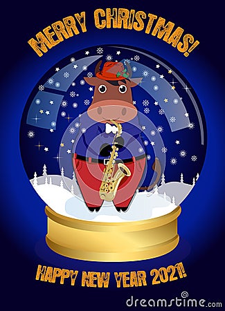 Christmas snow globe. Funny Christmas bull plays on the saxaphone and congratulates on the holidays. Vector Illustration