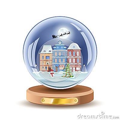 Christmas snow globe with small town houses. Vector Xmas gift glass ball illusrtation. Isolated on white color. Vector Illustration