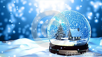 Christmas Snow globe Snowflake with Snowfall on Blue Background Stock Photo