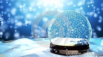 Christmas Snow globe Snowflake with Snowfall on Blue Background Stock Photo