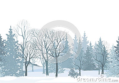 Christmas snow tree border. Snowy forest seamless pattern Stock Photo