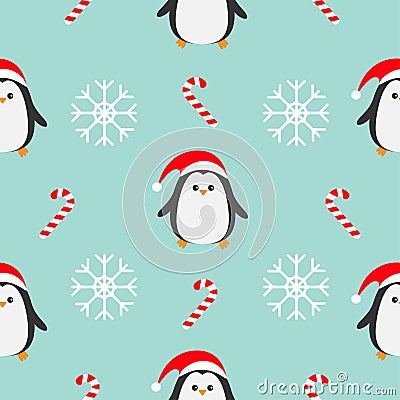 Christmas snowflake candy cane, penguin wearing red santa hat, scarf. Seamless Pattern Decoration. Wrapping paper, textile Vector Illustration