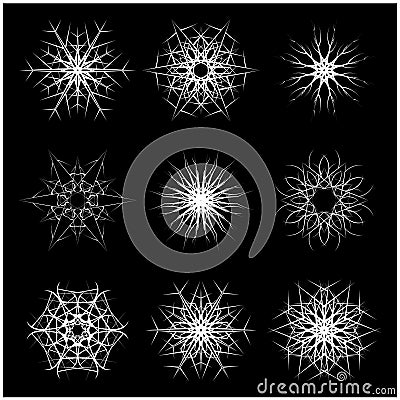 Christmas snowflake, frozen flake silhouette icon, symbol, design. Winter, crystal vector illustration on the black backg Vector Illustration