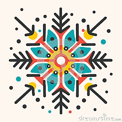 Christmas snowflake in vibrant colours. Crafted snow flake drawing. Vector Illustration