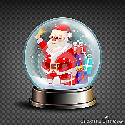 Christmas Snowglobe Vector. Santa Claus Ringing Bell And Smiling. Glossy Dome. Magic Xmas Holiday Souvenir. Transparent Vector Illustration