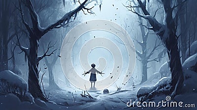 Christmas snowman in haunting forest Cartoon Illustration