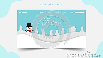 Christmas snowman Landing page template for season celebration blue white backgrounds, Paper cut web page design concept layout Vector Illustration