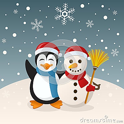 Christmas Snowman and Penguin Vector Illustration