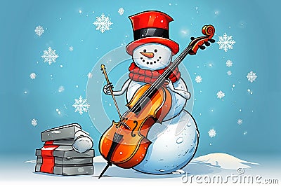 Christmas snowman play cello musical illustration blue background Cartoon Illustration