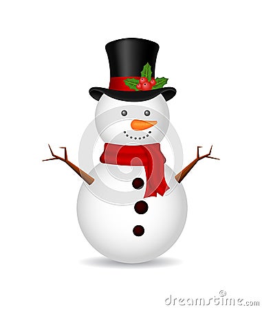 Christmas snowman with scarf on isolated background. Ice snow man for 2020 winter holiday. White cartoon snowball, snowman. Cartoon Illustration