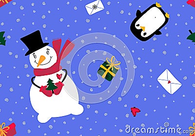 Christmas snowman seamless penguin and gifts box and letters pattern for wrapping paper and linens and fabrics Cartoon Illustration