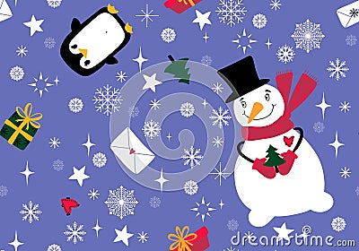 Christmas snowman seamless penguin and gifts box and letters pattern for wrapping paper and linens and fabrics Cartoon Illustration