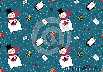 Christmas snowman seamless penguin and gifts box and letters pattern for wrapping paper and linens and fabrics Cartoon Illustration