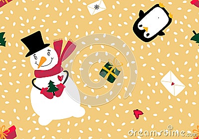 Christmas snowman seamless penguin and gifts box and letters pattern for wrapping paper and linens and fabrics Cartoon Illustration