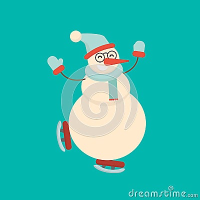 Christmas snowman skating and dancing. Cute cartoon cheerful and Vector Illustration