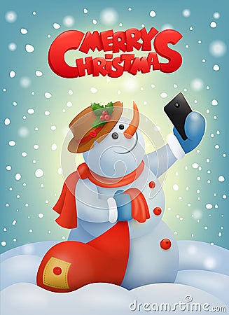 Christmas snowman with smart phone making selfie Cartoon Illustration