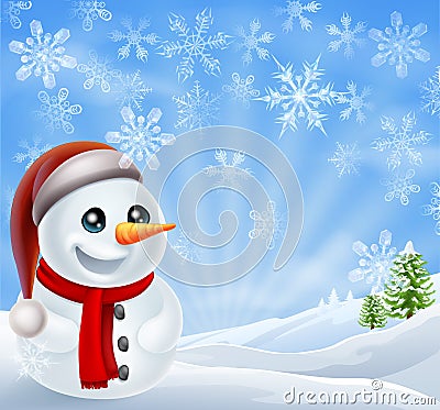 Christmas Snowman in Winter Scene Vector Illustration