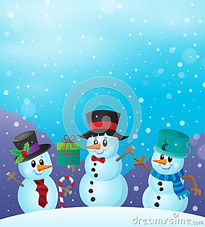 Christmas snowmen in snowy weather Vector Illustration