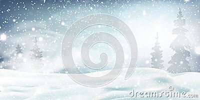 Christmas, Snowy Woodland landscape. Holiday winter landscape for Merry Christmas with Snowstorm, blizzard, firs Vector Illustration