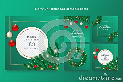Christmas social media post bundle. Christmas banner on green background, pine wreath, decoration balls, and star lights. Vector Illustration