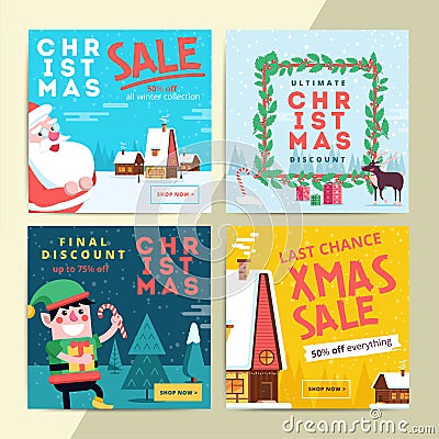 Christmas social media sale banners for mobile website ad. Xmas Vector Illustration