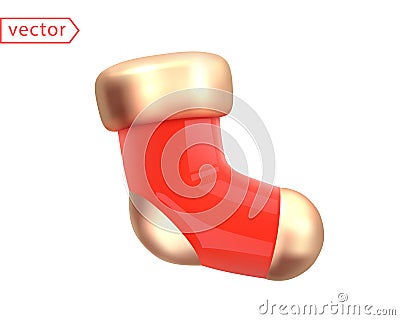 Christmas Sock Abstract Decor. Realistic 3d mocup design element in cartoon style. Shiny Gold and Red Plastic. Close-up object Vector Illustration