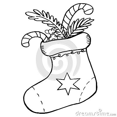 Christmas sock with candies and fir-tree branches. New Year festive winter symbol with star isolated on white background Vector Illustration