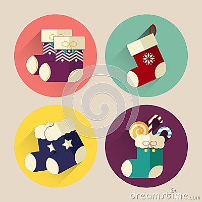 Christmas sock flat icon pack with long shadow Vector Illustration