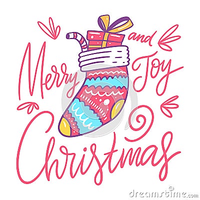 Christmas sock with gifts. Hand drawn vector illustration. Cartton style. Vector Illustration