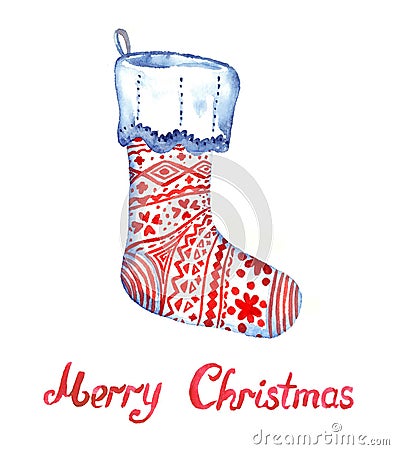 Christmas sock with greeting Marry C hristmas, handpainted watercolor illustration isolated on white Cartoon Illustration