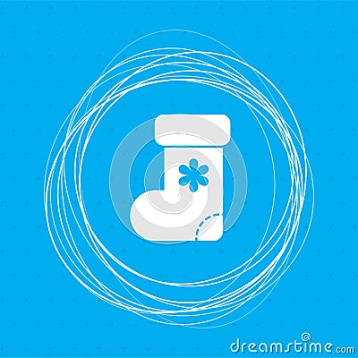 Christmas sock icon on a blue background with abstract circles around and place for your text. Cartoon Illustration