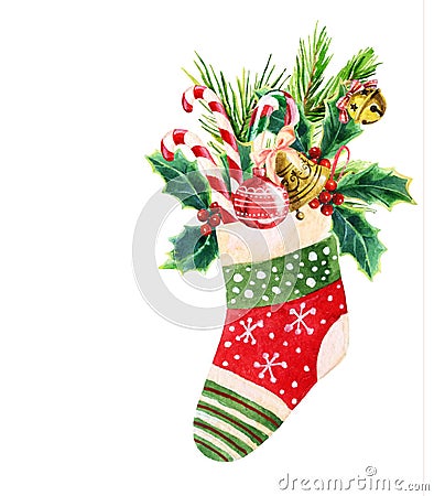 Christmas sock in watercolor Stock Photo