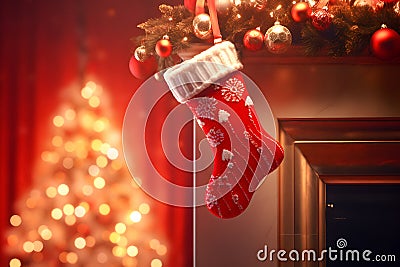 Christmas socks, fireplace background, christmas toys, Stock Photo