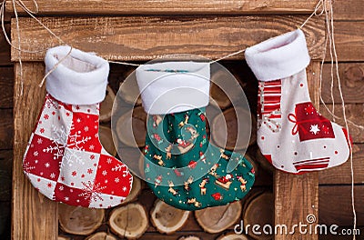 Christmas socks on fireplace. Stock Photo