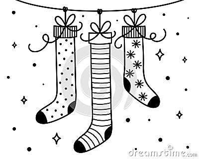 Christmas socks for gifts with simple ornates hanging on a rope. Xmas decoration. Winter object. Vector illustration Vector Illustration