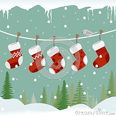 Christmas socks on the rope with bird Vector Illustration