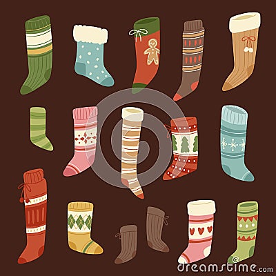 Christmas socks vector Santa Xmas New Year gift traditional Christians symbol sey illustration different textile design Vector Illustration