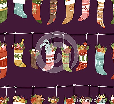 Christmas socks vector Santa Xmas New Year gift traditional Christians symbol illustration different textile design Vector Illustration