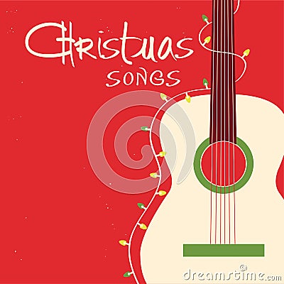 Christmas songs guitar on red background.Vector greeting card with acoustic guitar Vector Illustration