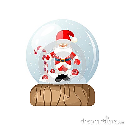 Christmas souvenir glass snow globe with Santa Claus, snow.Transparent snow globe. Vector Illustration