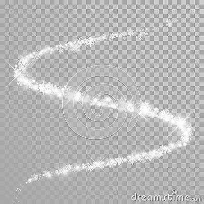 Christmas sparkling snowflakes in glitter trail with shimmer light effect on white transparent background. Vector winter holiday s Vector Illustration