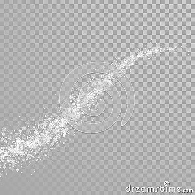 Christmas sparkling snowflakes tail of glittering snow particles with shimmer light effect on white transparent background. Vector Vector Illustration