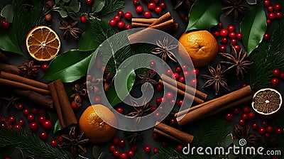 Christmas spices, fruit pieces, baubles, seeds and leaves abstract background. Stock Photo