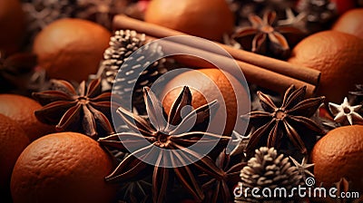 Christmas spices, fruit pieces, baubles, seeds and leaves abstract background. Stock Photo